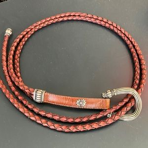 BRIGHTON LARIAT BELT IN COGNAC BROWN LEATHER WITH SILVER TONE HARDWARE. LIKE NEW